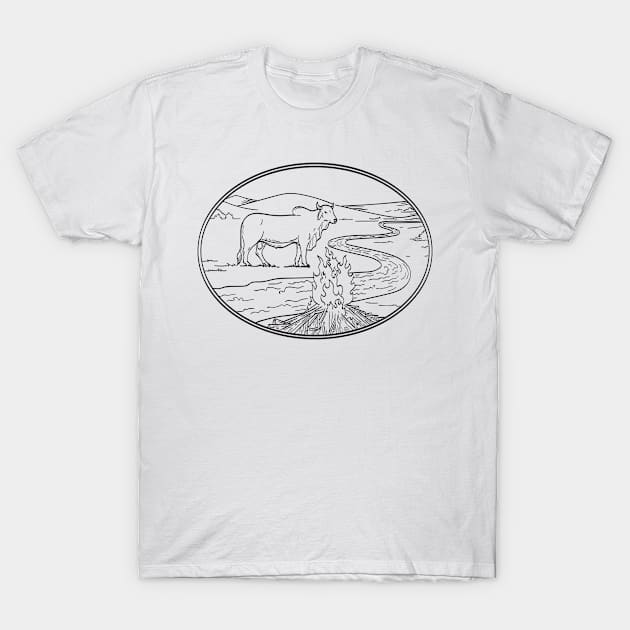 Brahman Bull Standing with Winding River or Creek Mountain Range and Campfire Line Art Drawing Tattoo Style Black and White T-Shirt by patrimonio